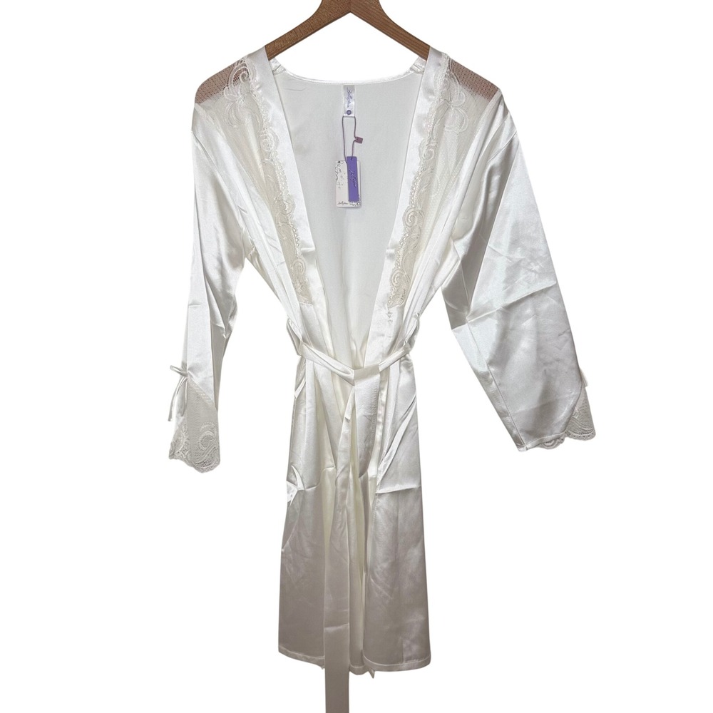 White Satin Lace Robe Women Small Bridal Romantic Loungewear sexy honeymoon NEW